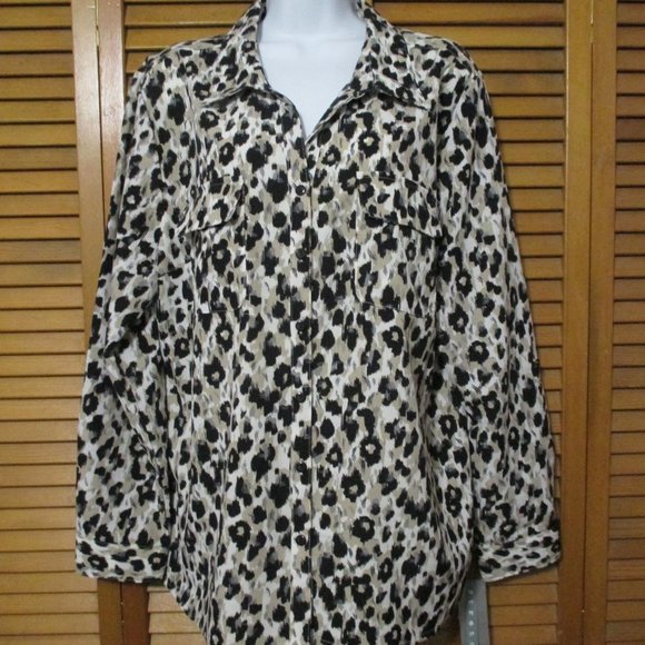 NY Collection top NEW black & white lightweight button down blouse size XL - Picture 1 of 9
